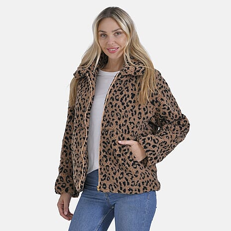 Ladies Plush Leopard Printed Jacket with Pockets (Size L) - Brown