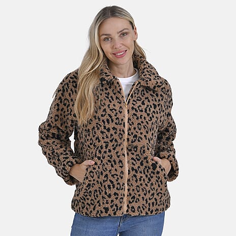 Ladies Plush Leopard Printed Jacket with Pockets (Size L) - Brown