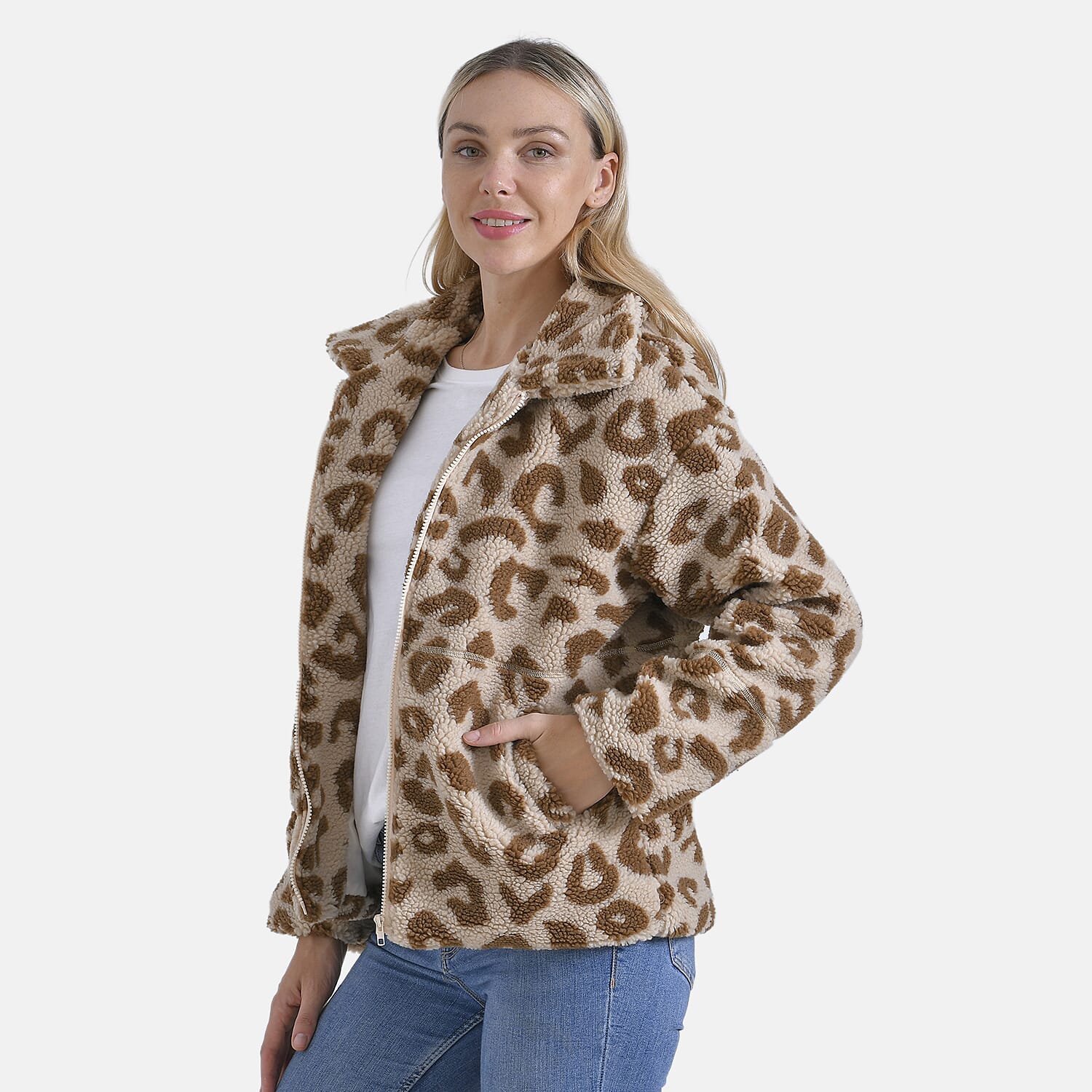 La Marey Leopard Pattern Plush Jacket with Pockets