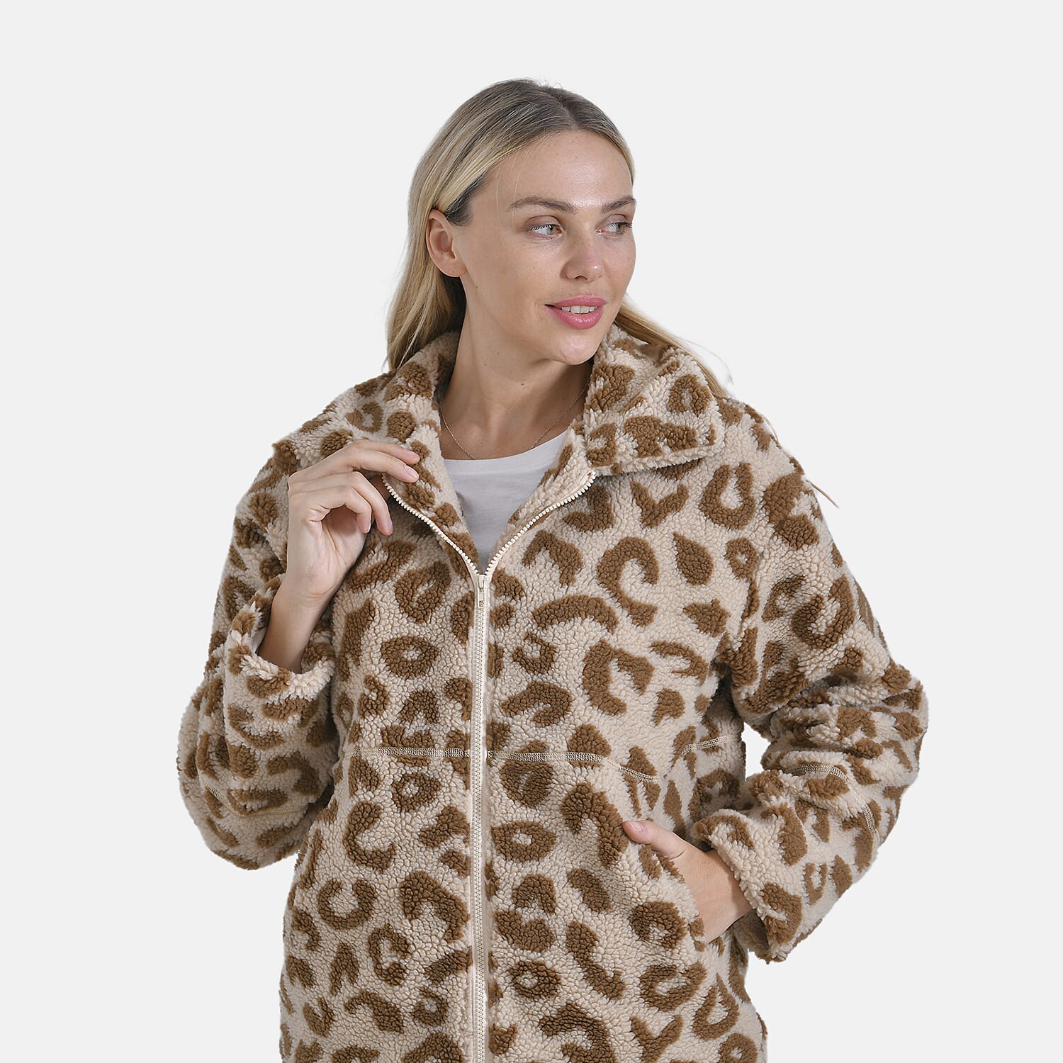 La Marey Leopard Pattern Plush Jacket with Pockets