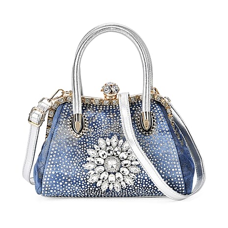 Crystal Floral Pattern Crossbody Bag with Handle Drop - Blue