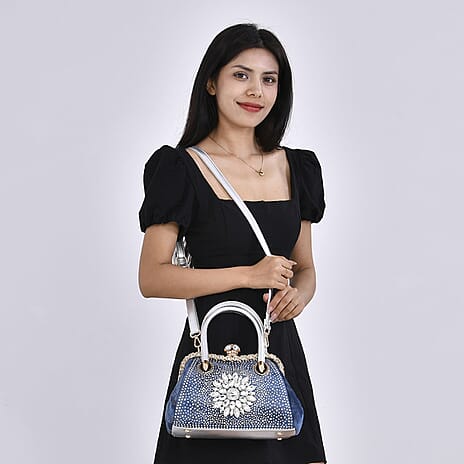 Crystal Floral Pattern Crossbody Bag with Handle Drop - Blue