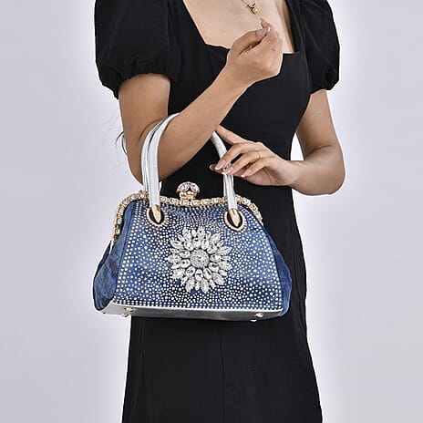 Crystal Floral Pattern Crossbody Bag with Handle Drop - Blue