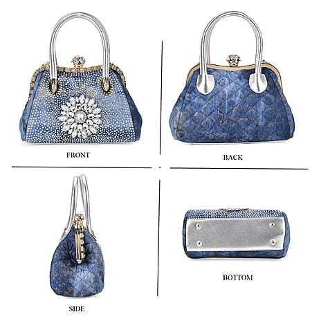 Crystal Floral Pattern Crossbody Bag with Handle Drop - Blue