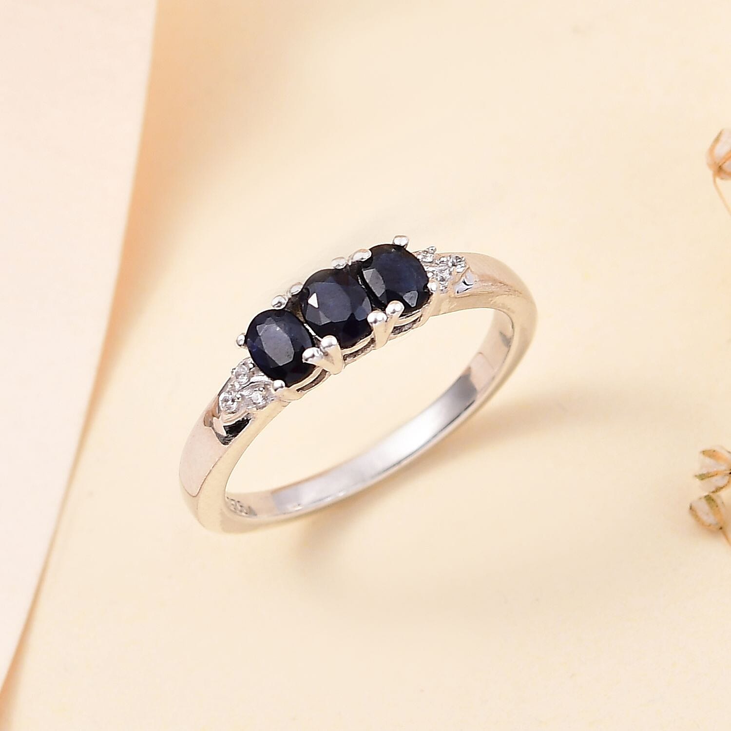 Blue Sapphire ,  White Zircon  Band Ring in rhodium Sterling Silver 0.78 ct