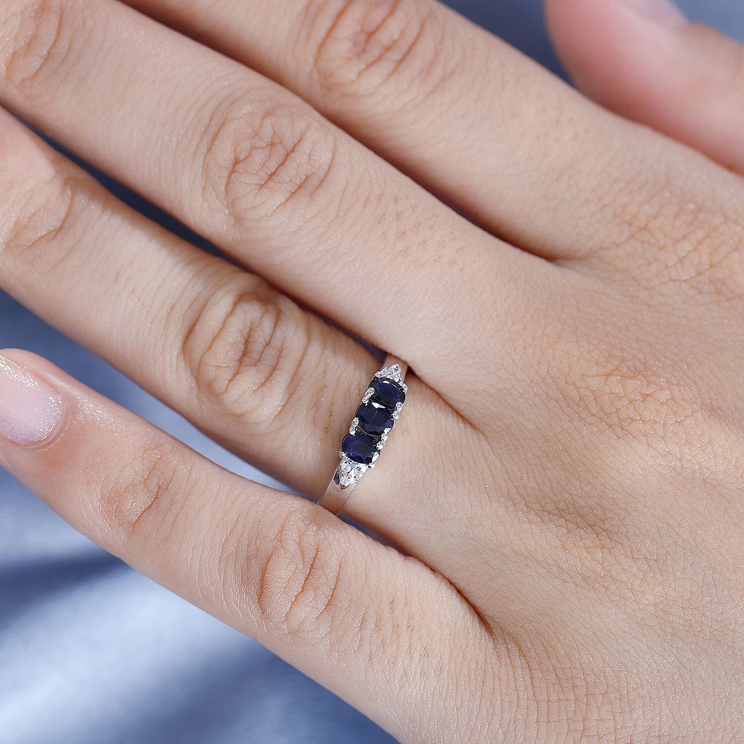 Blue Sapphire ,  White Zircon  Band Ring in rhodium Sterling Silver 0.78 ct