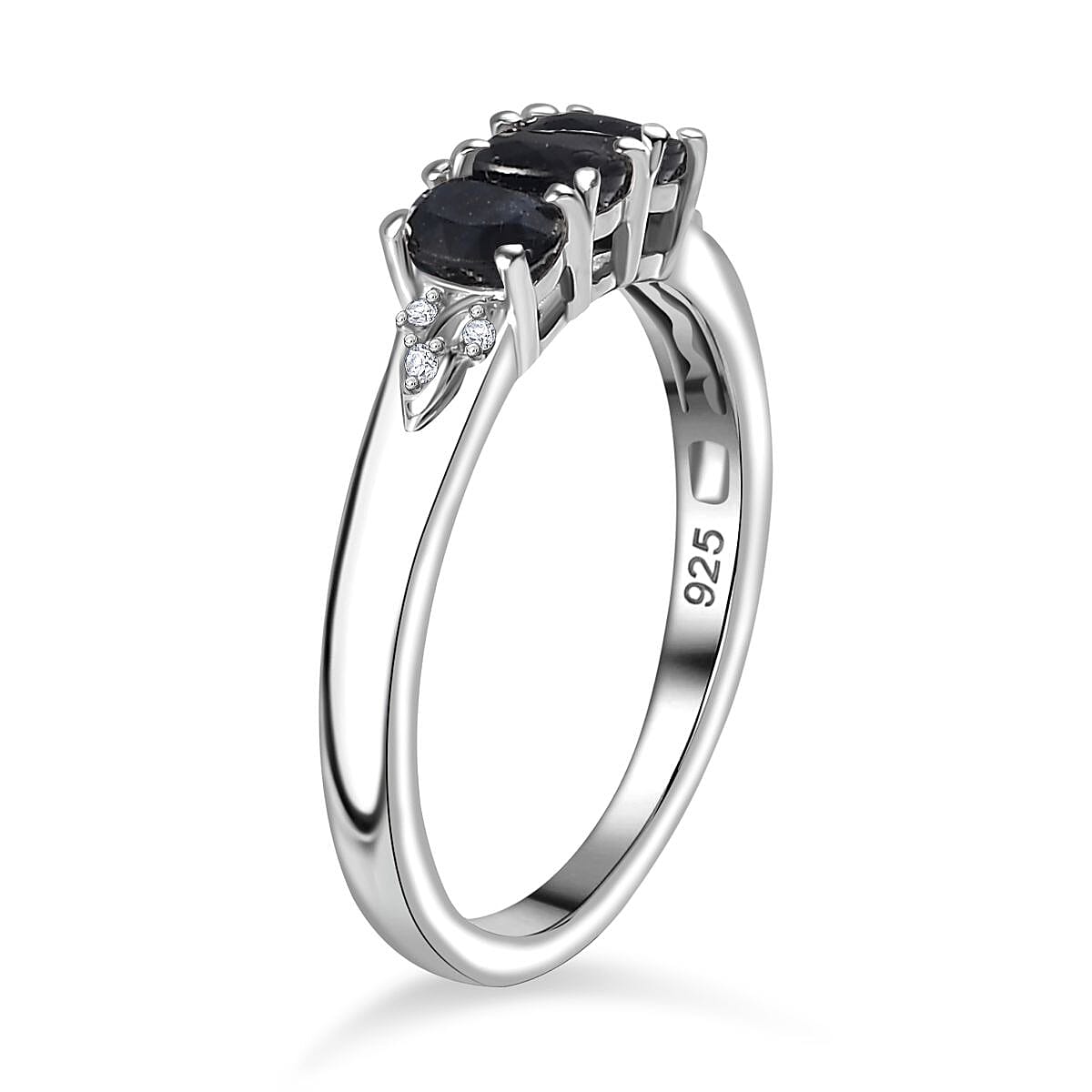 Blue Sapphire ,  White Zircon  Band Ring in rhodium Sterling Silver 0.78 ct