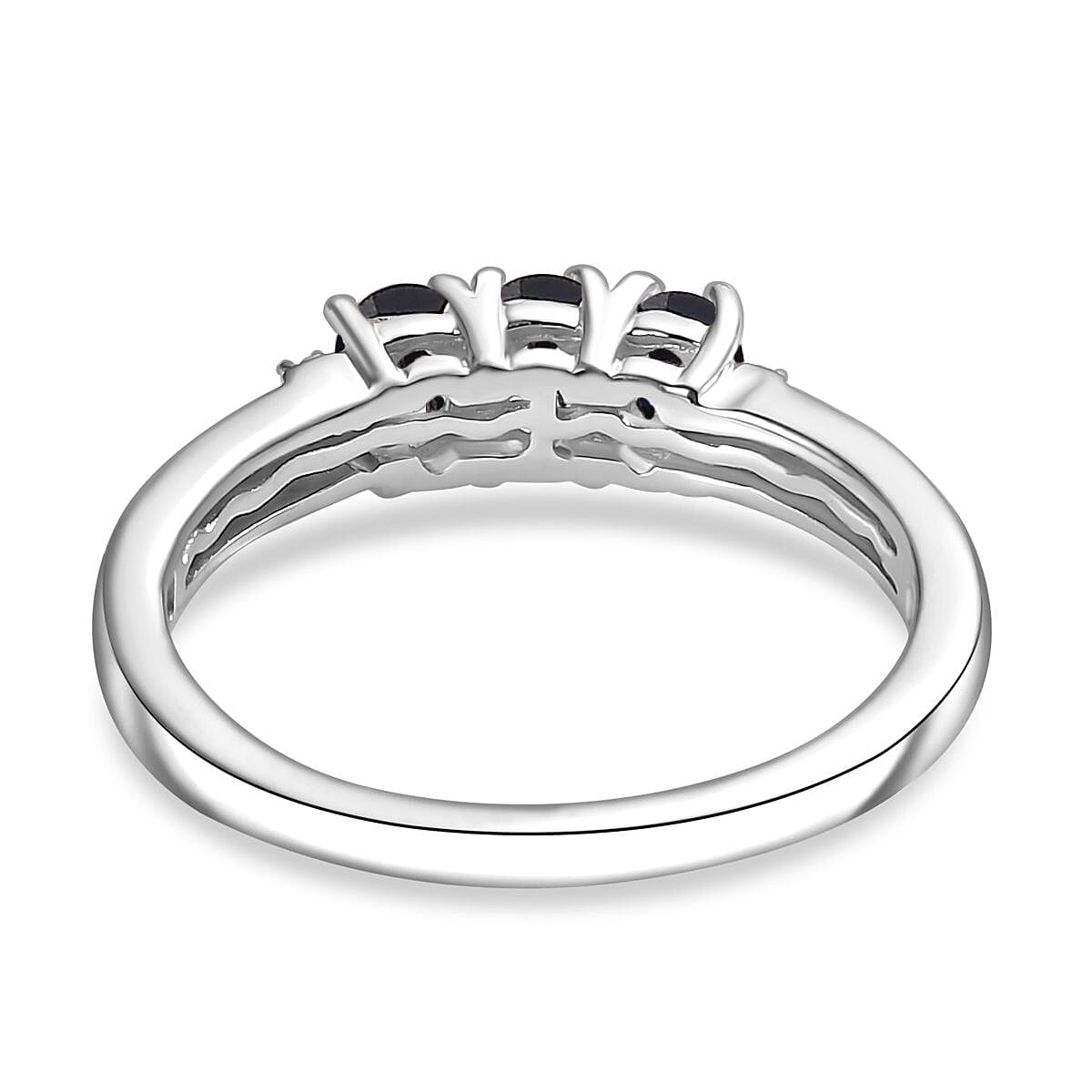 Blue Sapphire ,  White Zircon  Band Ring in rhodium Sterling Silver 0.78 ct