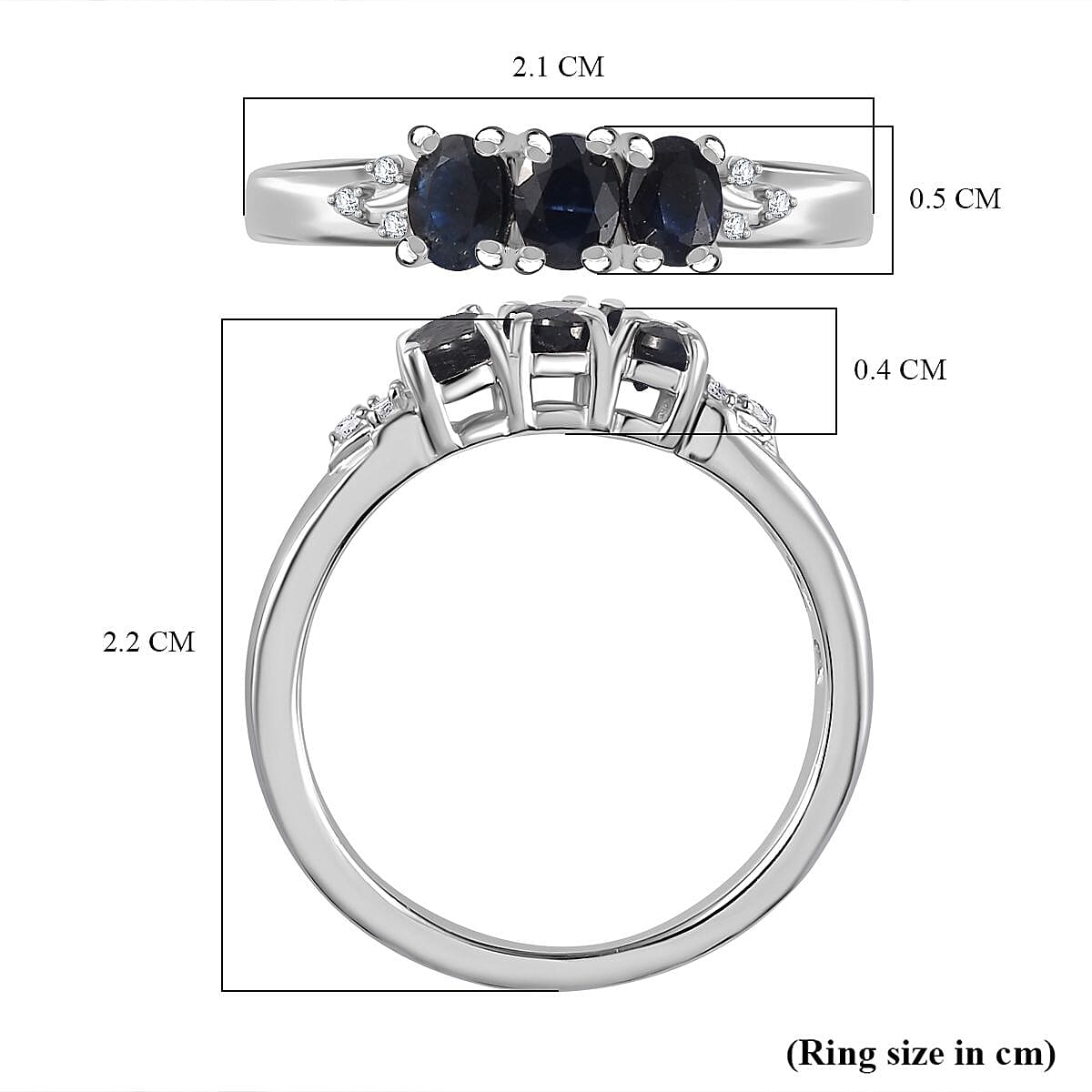 Blue Sapphire ,  White Zircon  Band Ring in rhodium Sterling Silver 0.78 ct