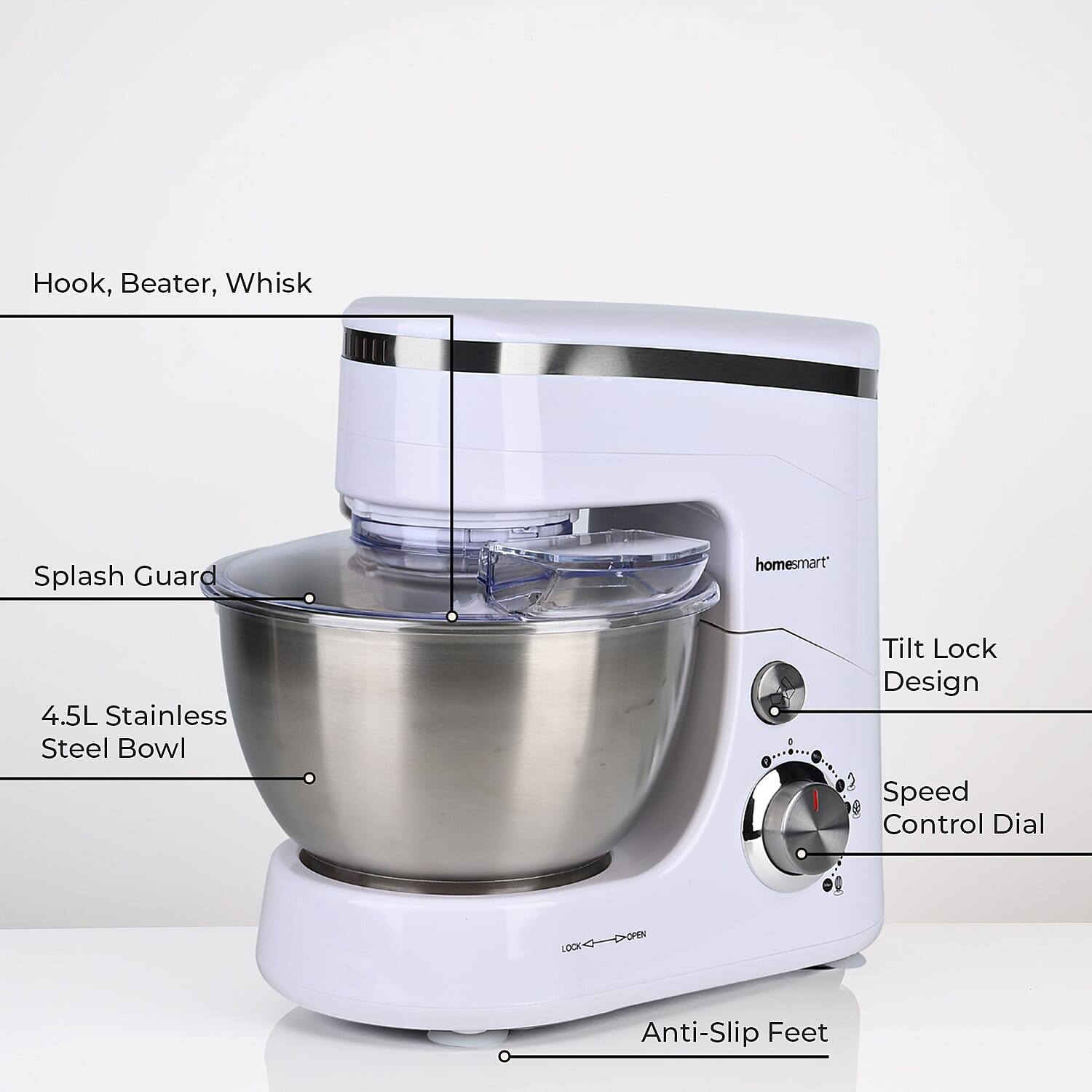 Multifunctional Electric Stand Mixer with 3 Attachments (4.5L stainless steel bowl , Power 800W) - White