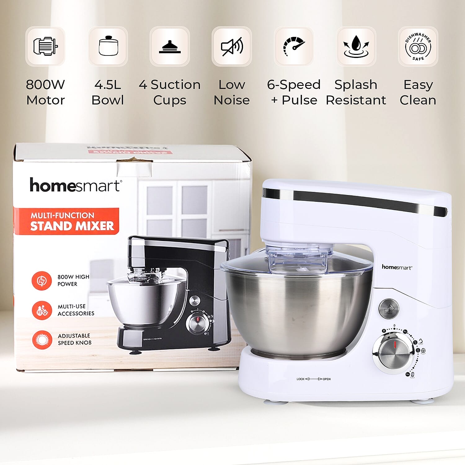 Multifunctional Electric Stand Mixer with 3 Attachments (4.5L stainless steel bowl , Power 800W) - White