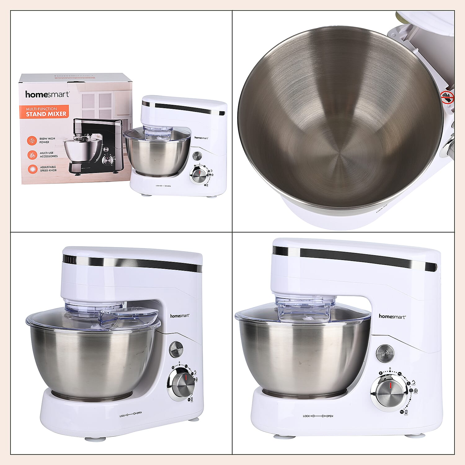 Multifunctional Electric Stand Mixer with 3 Attachments (4.5L stainless steel bowl , Power 800W) - White