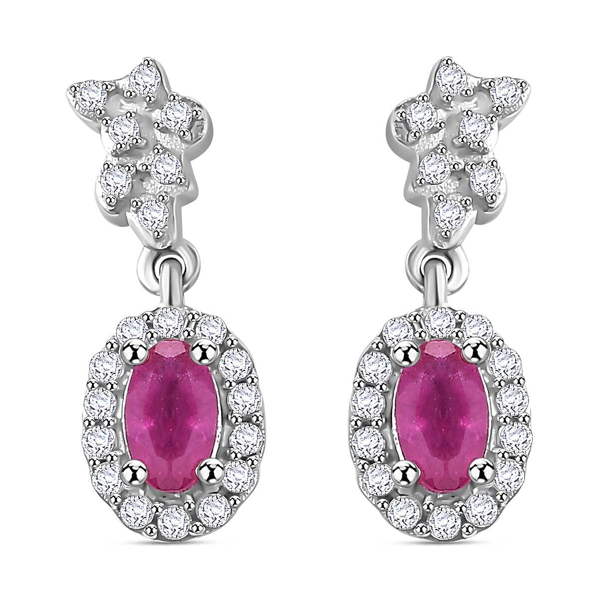 Gemfields Montepuez Ruby & White Zircon Dangling Earring in Rhodium Overlay Sterling Silver 1.00 Ct.