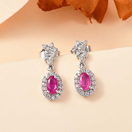Gemfields Montepuez Ruby & White Zircon Dangling Earring in Rhodium Overlay Sterling Silver 1.00 Ct.