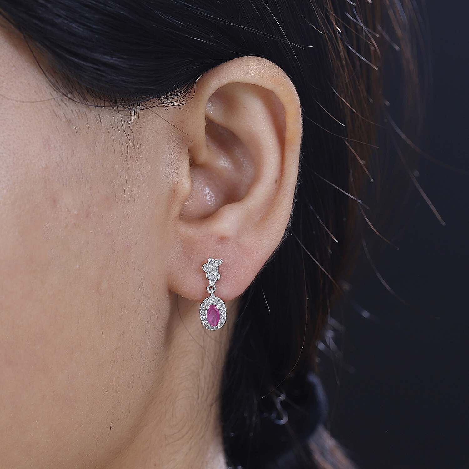 Gemfields Montepuez Ruby & White Zircon Dangling Earring in Rhodium Overlay Sterling Silver 1.00 Ct.