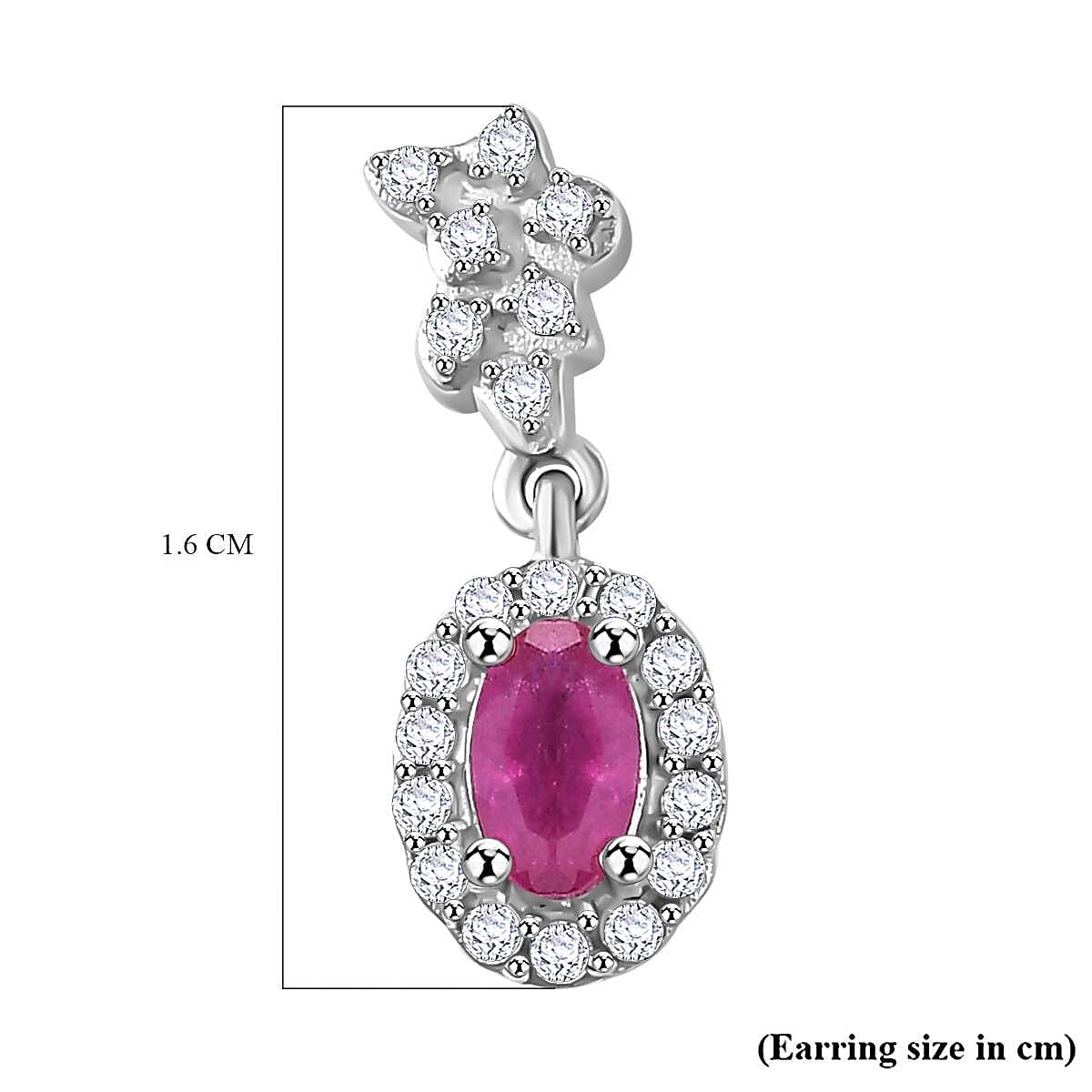 Gemfields Montepuez Ruby & White Zircon Dangling Earring in Rhodium Overlay Sterling Silver 1.00 Ct.