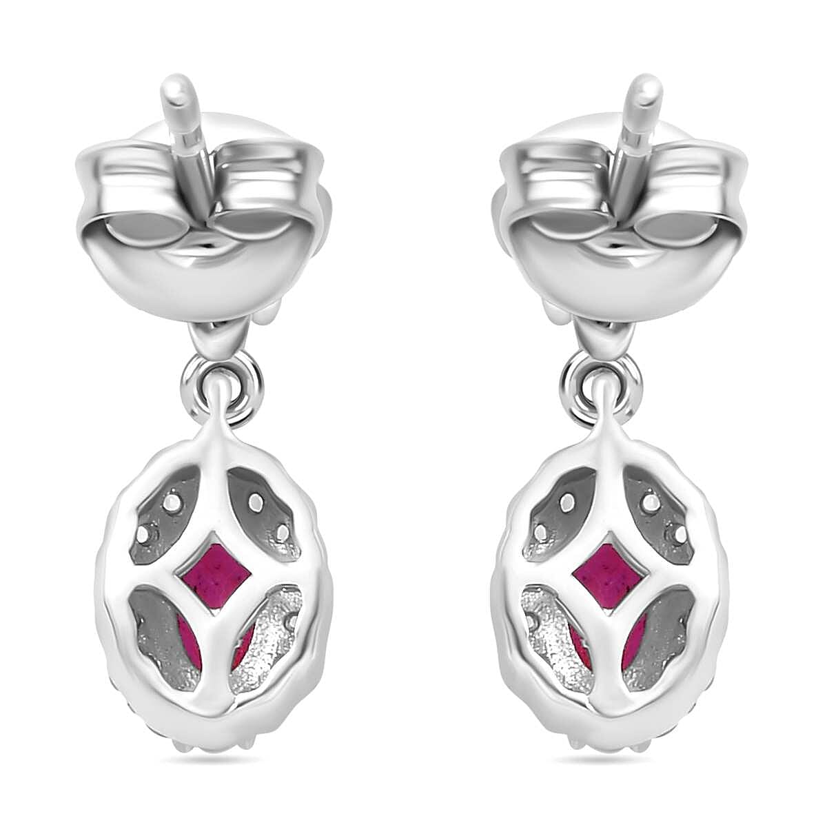 Gemfields Montepuez Ruby & White Zircon Dangling Earring in Rhodium Overlay Sterling Silver 1.00 Ct.