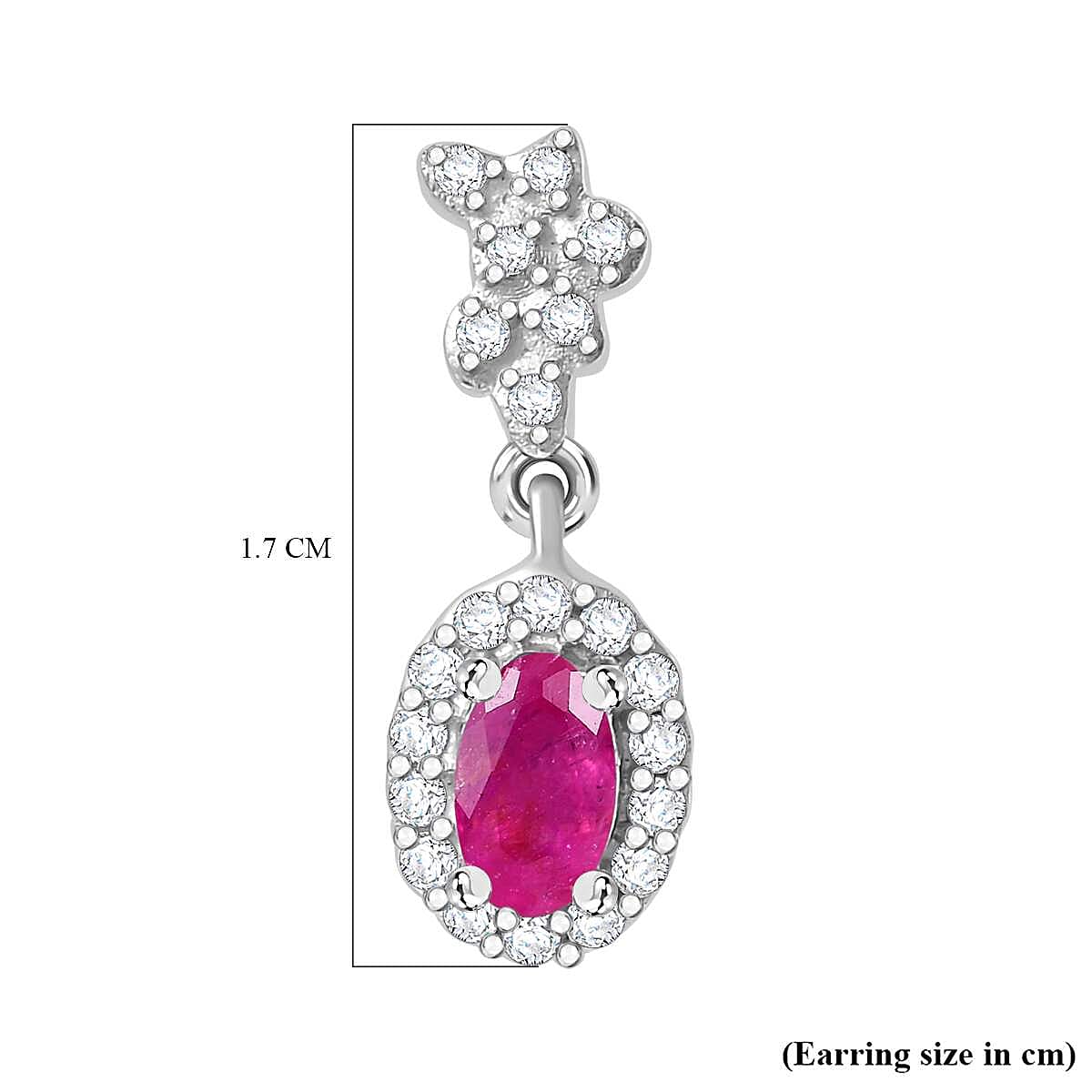 Gemfields Montepuez Ruby & White Zircon Dangling Earring in Rhodium Overlay Sterling Silver 1.00 Ct.