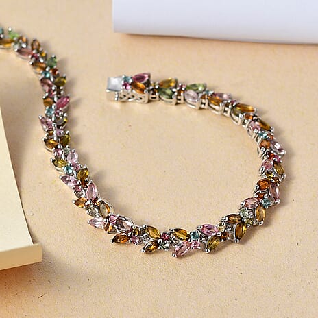Multi -Tourmaline & Blue Tourmaline Bracelet (Size - 7) with GB Lock Box in Rhodium Overlay Sterling Silver 8.63 Ct, Silver Wt. 10.44 Gms