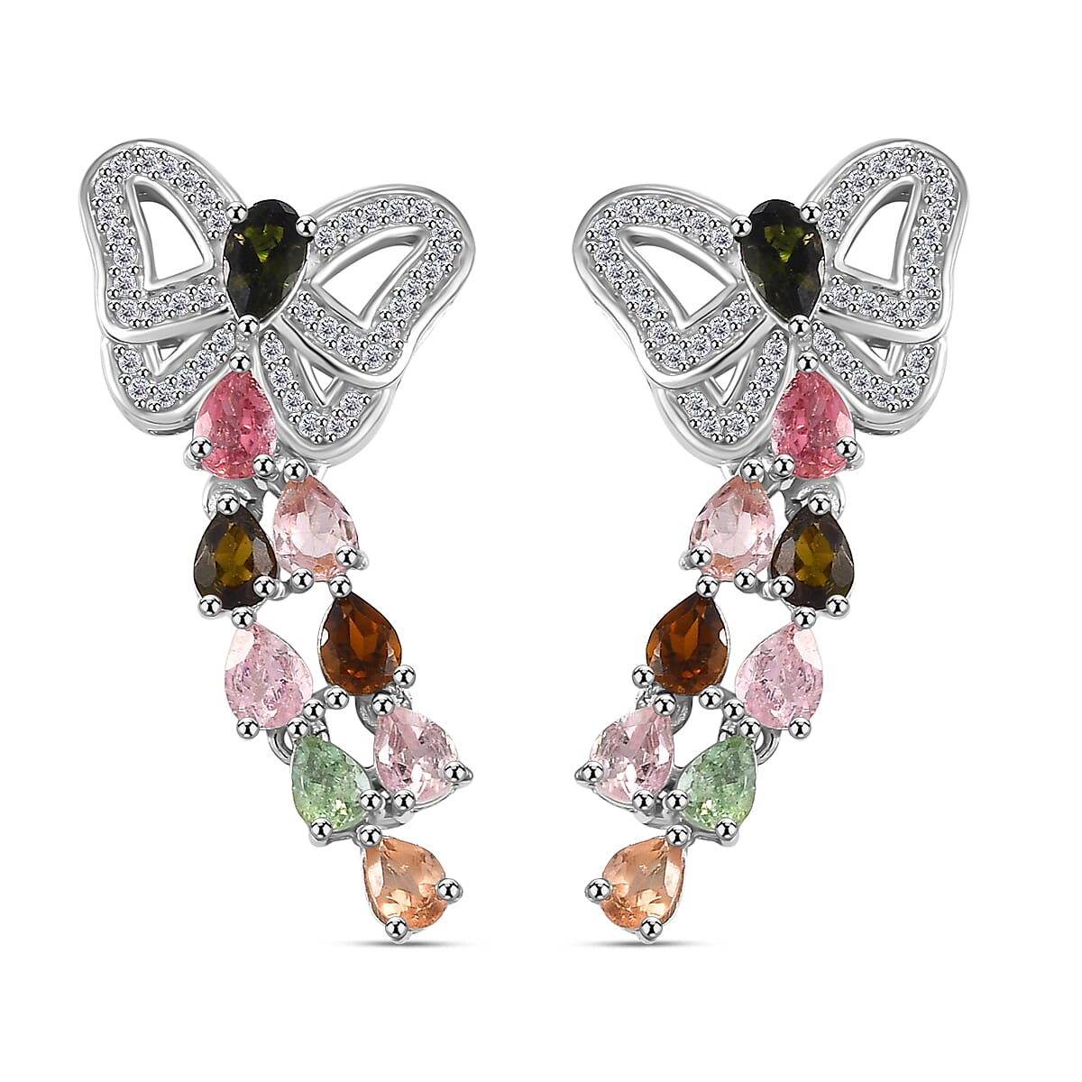 Multi-Tourmaline & White Zircon Butterfly Earring in Rhodium Overlay Sterling Silver 2.86 Ct.