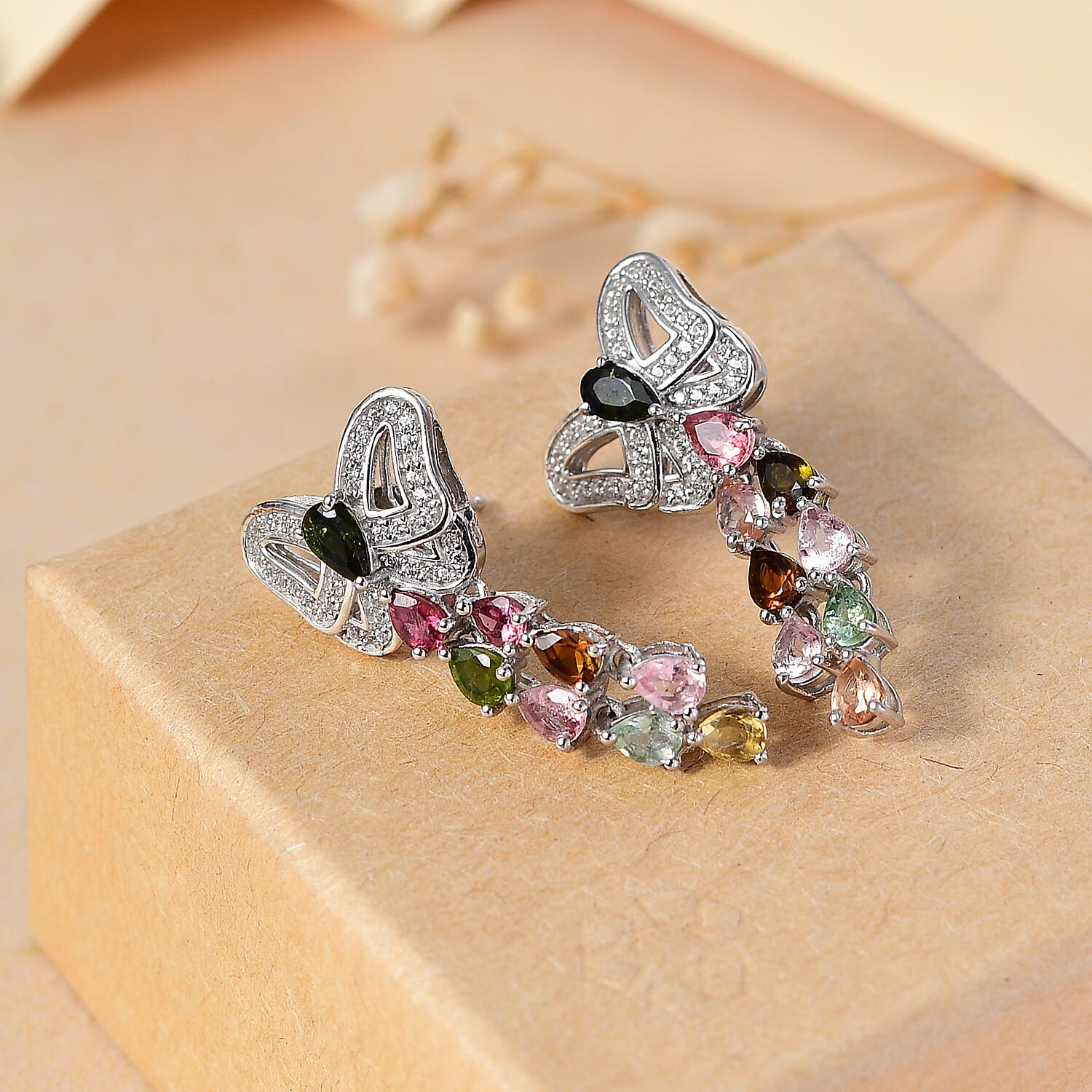 Multi-Tourmaline & White Zircon Butterfly Earring in Rhodium Overlay Sterling Silver 2.86 Ct.
