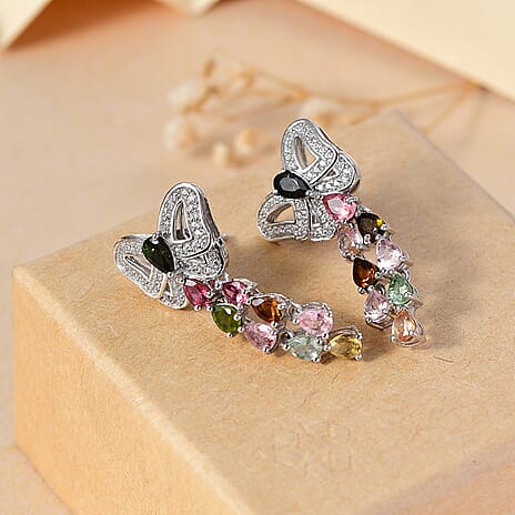 Multi-Tourmaline,White Zircon Fancy Earring in Rhodium Sterling Silver 2.864 Ct.