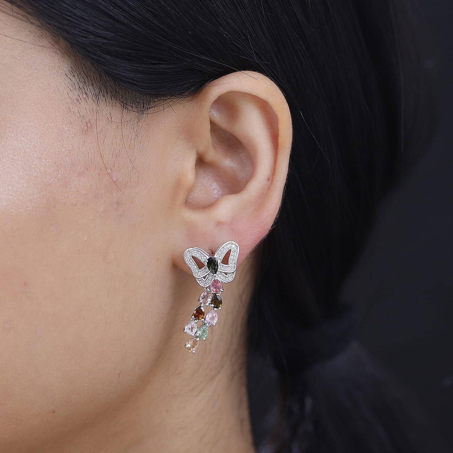 Multi-Tourmaline & White Zircon Butterfly Earring in Rhodium Overlay Sterling Silver 2.86 Ct.