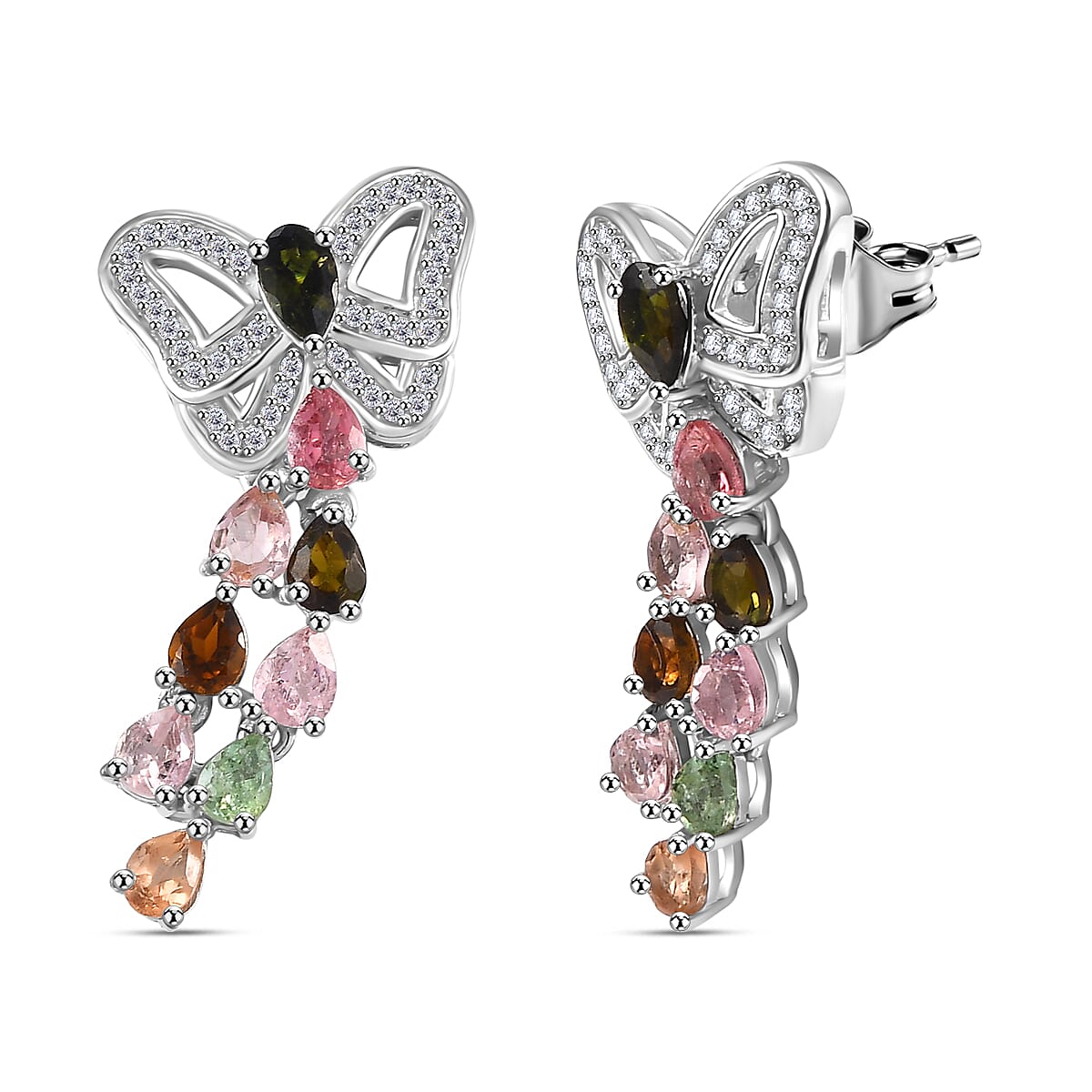 Multi-Tourmaline & White Zircon Butterfly Earring in Rhodium Overlay Sterling Silver 2.86 Ct.