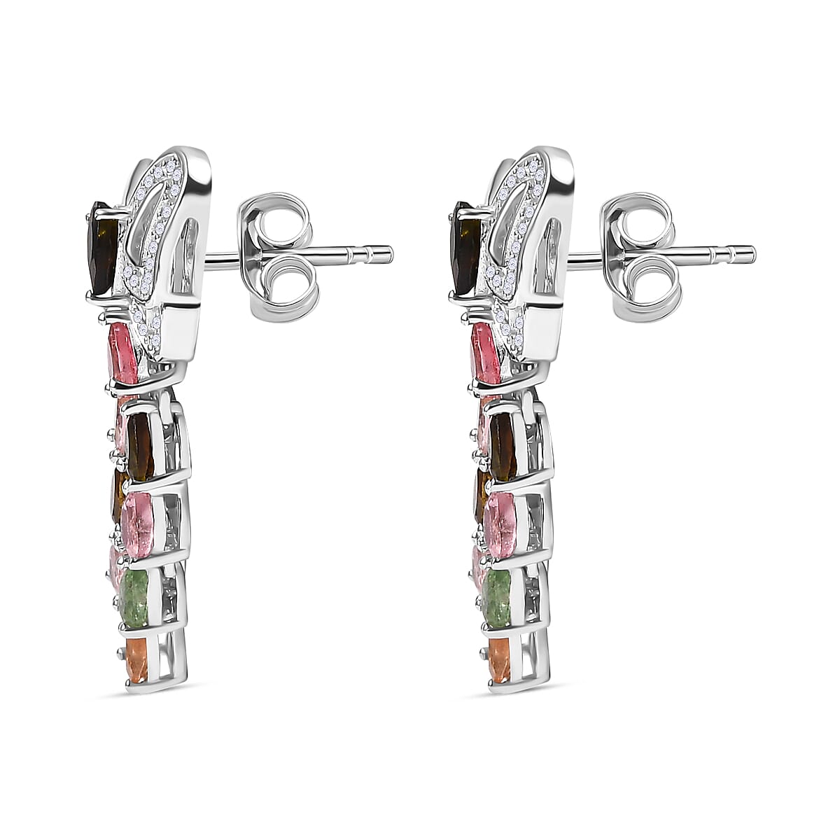 Multi-Tourmaline & White Zircon Butterfly Earring in Rhodium Overlay Sterling Silver 2.86 Ct.