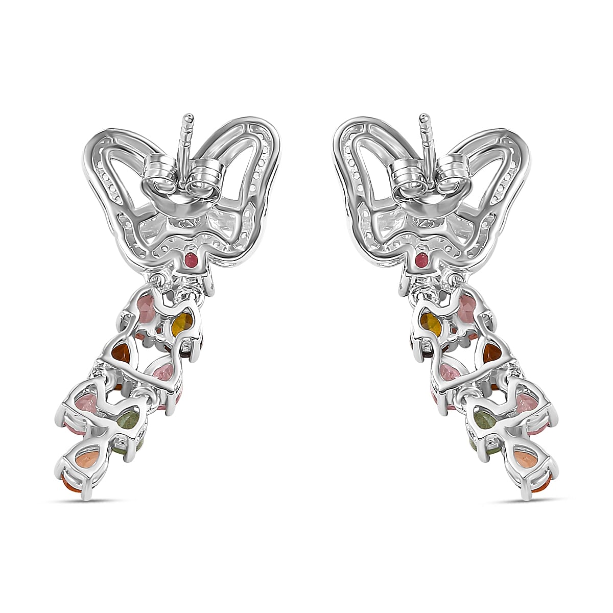 Multi-Tourmaline & White Zircon Butterfly Earring in Rhodium Overlay Sterling Silver 2.86 Ct.