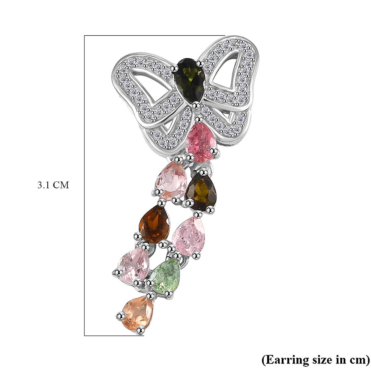 Multi-Tourmaline & White Zircon Butterfly Earring in Rhodium Overlay Sterling Silver 2.86 Ct.