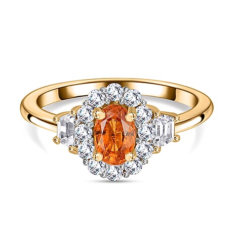 Spessartine Garnet,White Zircon Main Stone With Surrounding Stone Ring in 18K Vermeil Yellow Gold Plated Sterling Silver 1.321  Ct.