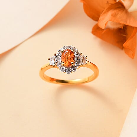 Spessartine Garnet,White Zircon Main Stone With Surrounding Stone Ring in 18K Vermeil Yellow Gold Plated Sterling Silver 1.321  Ct.