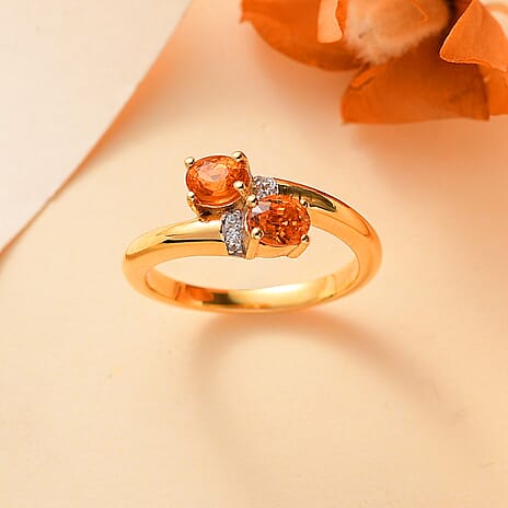 Nigerian Natural Spessartine Garnet,White Zircon Bypass Ring in 18K Vermeil Yellow Gold Plated Sterling Silver 1.21 Ct