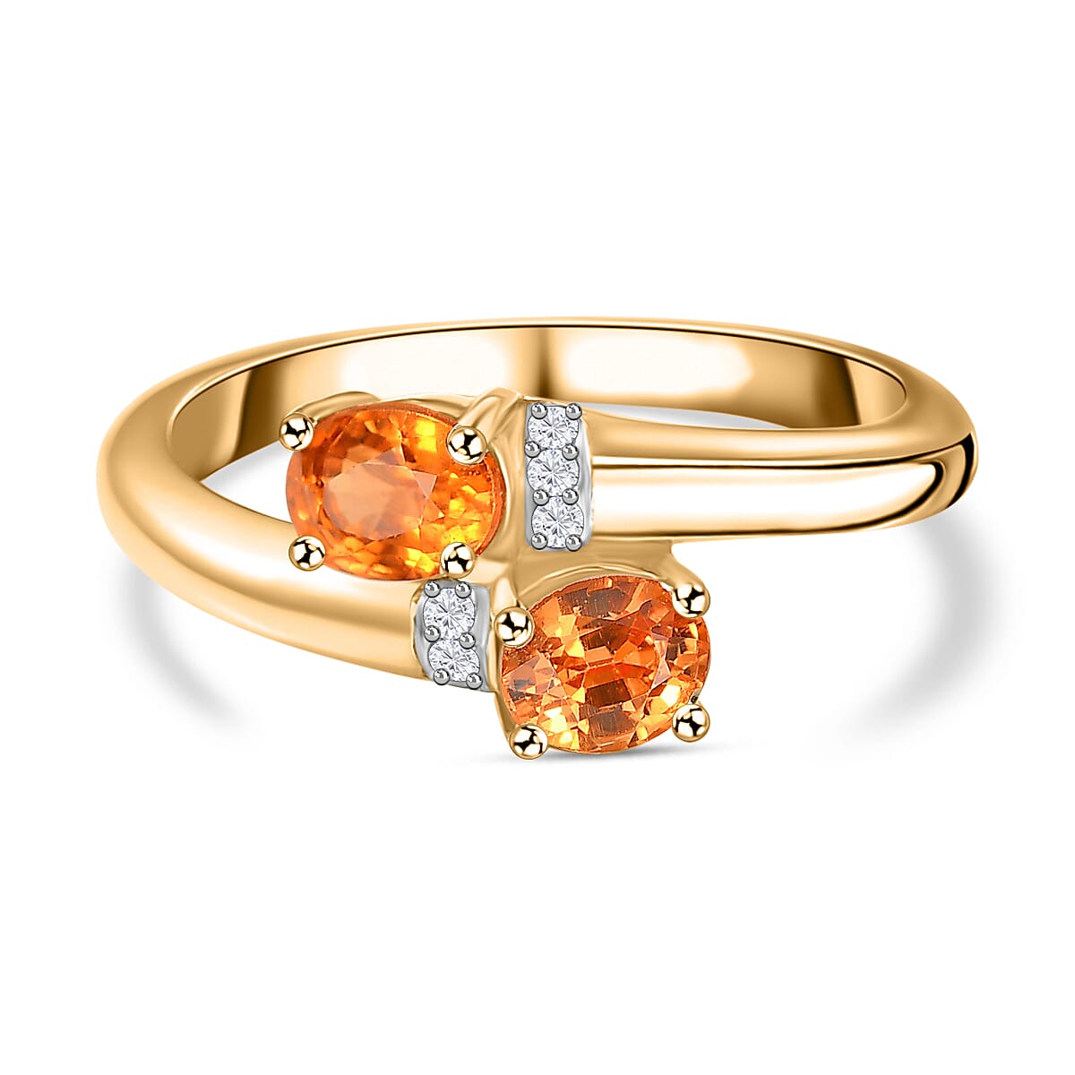 Spessartine Garnet, White Zircon Bypass Ring in 18K Yellow Gold Vermeil Plated Sterling Silver