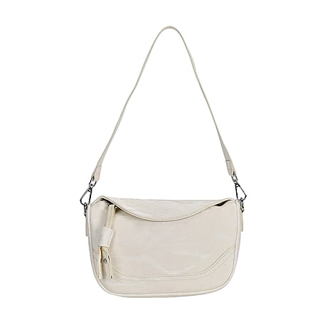Genuine Leather Crossbody Bag with Long Shoulder Strap - Cream