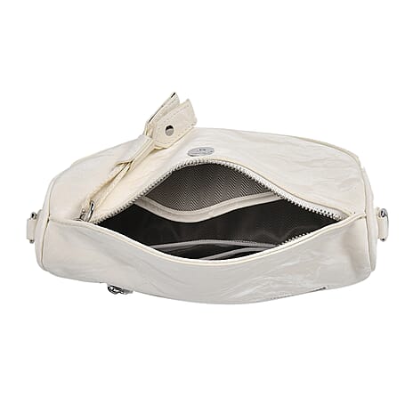 Genuine Leather Crossbody Bag with Long Shoulder Strap - Cream