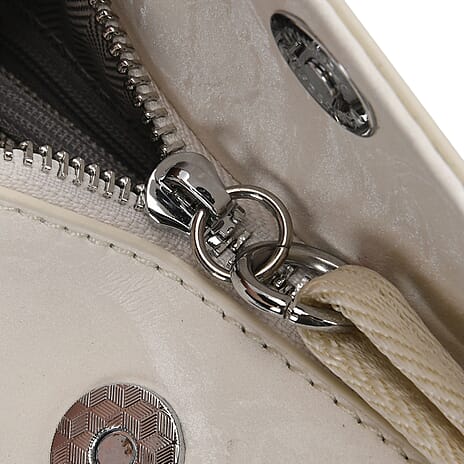 Genuine Leather Crossbody Bag with Long Shoulder Strap - Cream