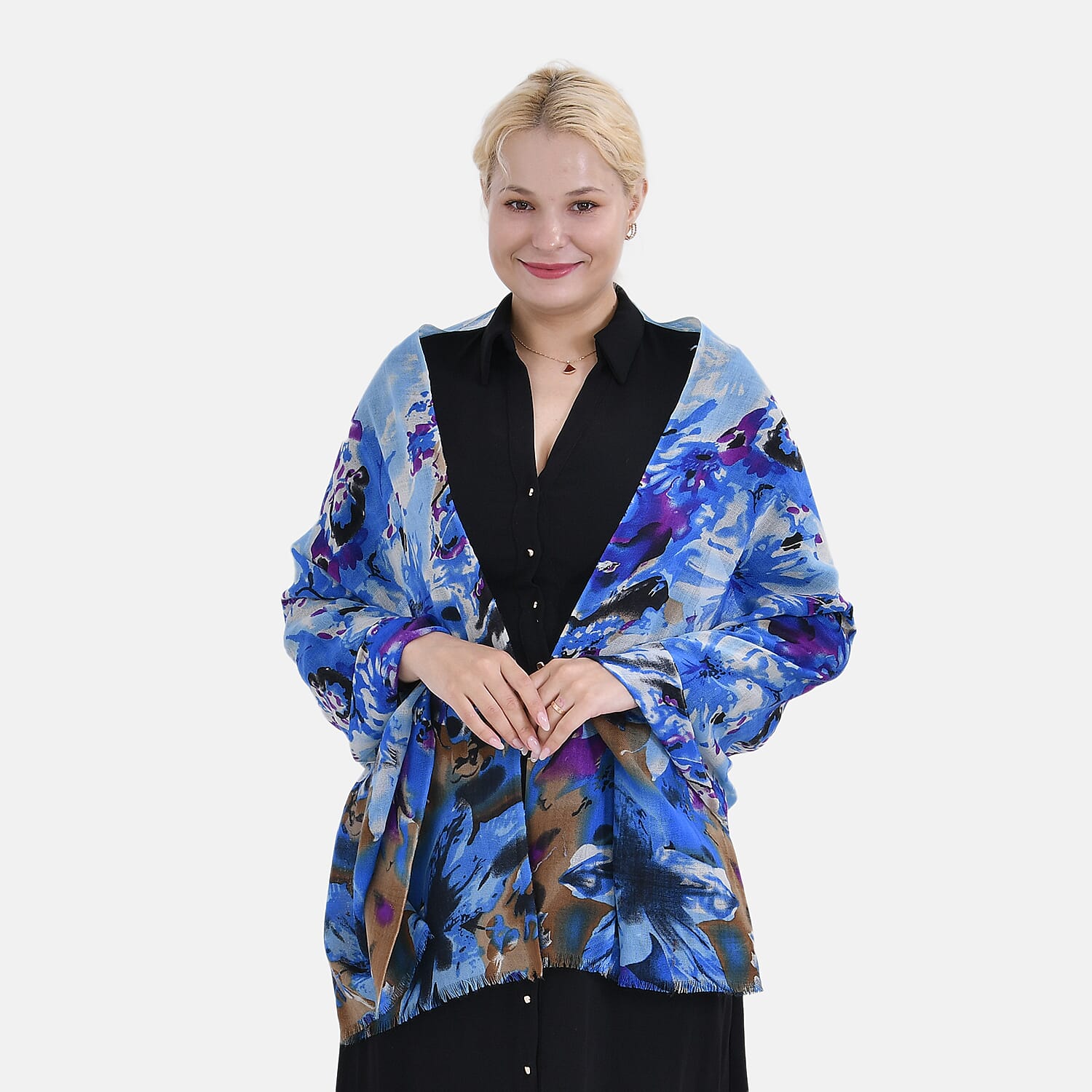 La Marey 100% MERINO Wool Scarf (size 61cm x 190 cm) - Blue With Multi Color Pattern.