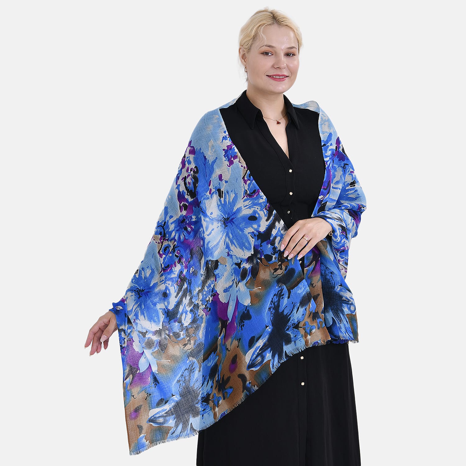 La Marey 100% MERINO Wool Scarf (size 61cm x 190 cm) - Blue With Multi Color Pattern.