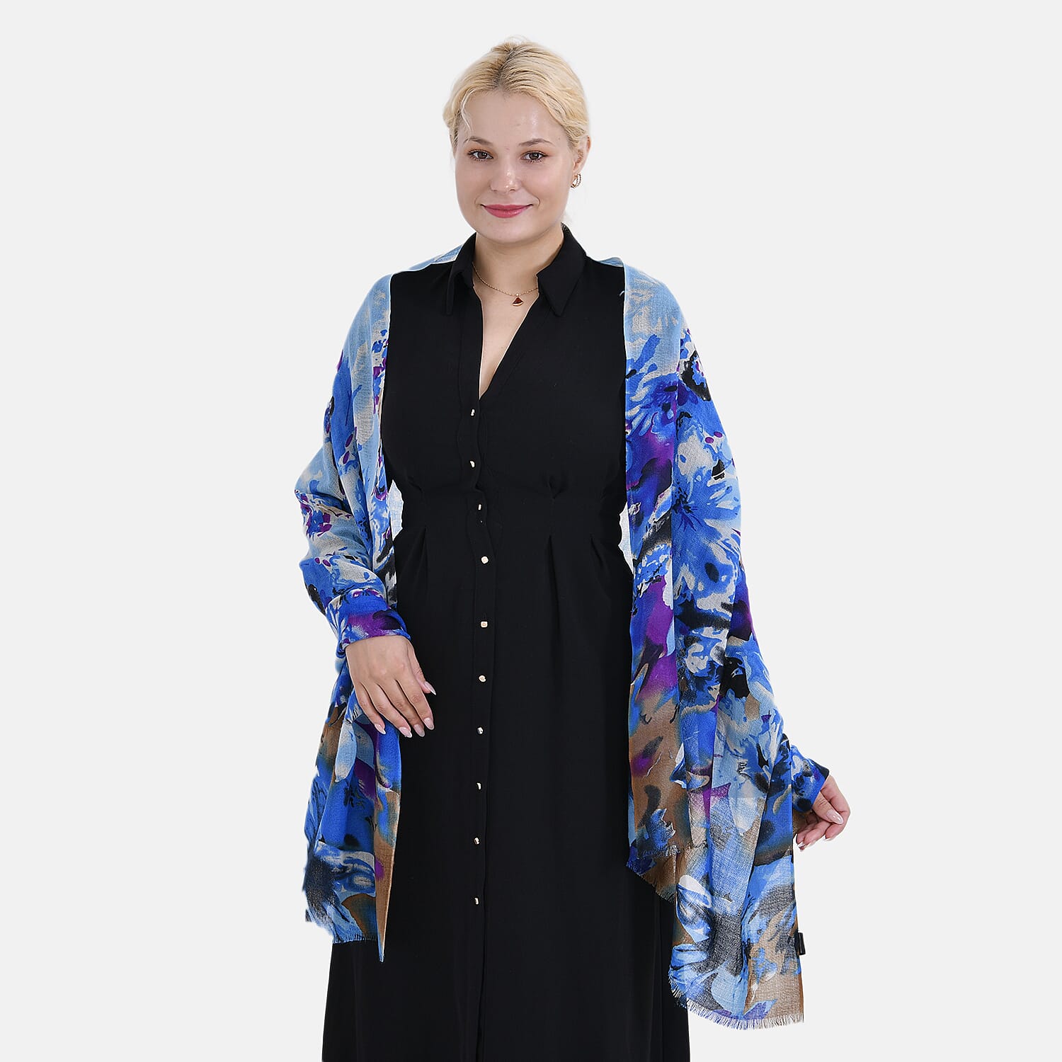 La Marey 100% MERINO Wool Scarf (size 61cm x 190 cm) - Blue With Multi Color Pattern.