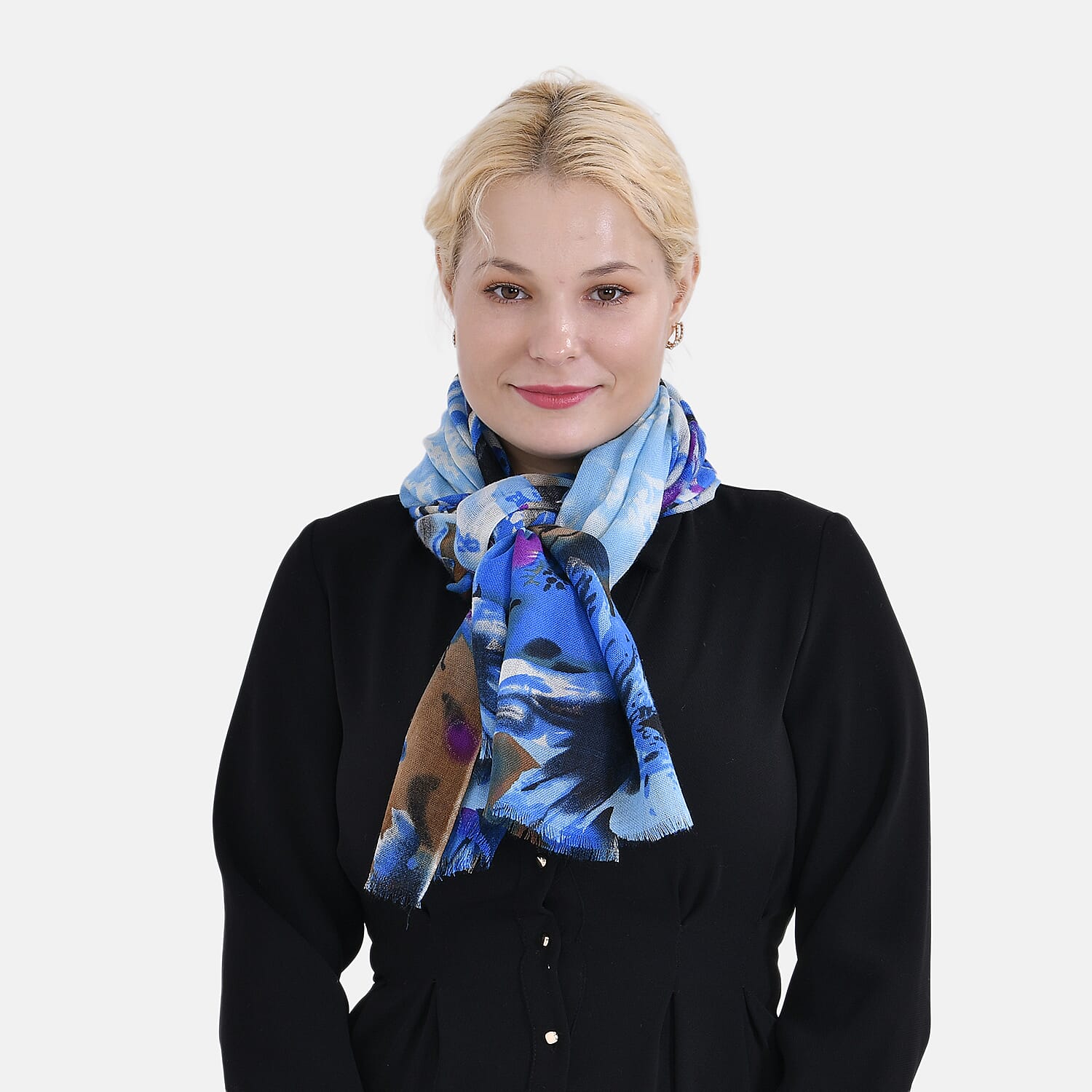 La Marey 100% MERINO Wool Scarf (size 61cm x 190 cm) - Blue With Multi Color Pattern.