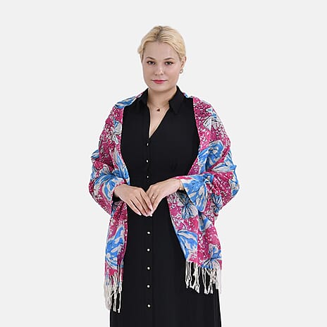 La Marey 100% MERINO Wool Scarf (size 61cm x 190 cm) - White & Blue