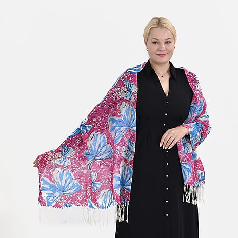 La Marey 100% MERINO Wool Scarf (size 61cm x 190 cm) - White & Blue