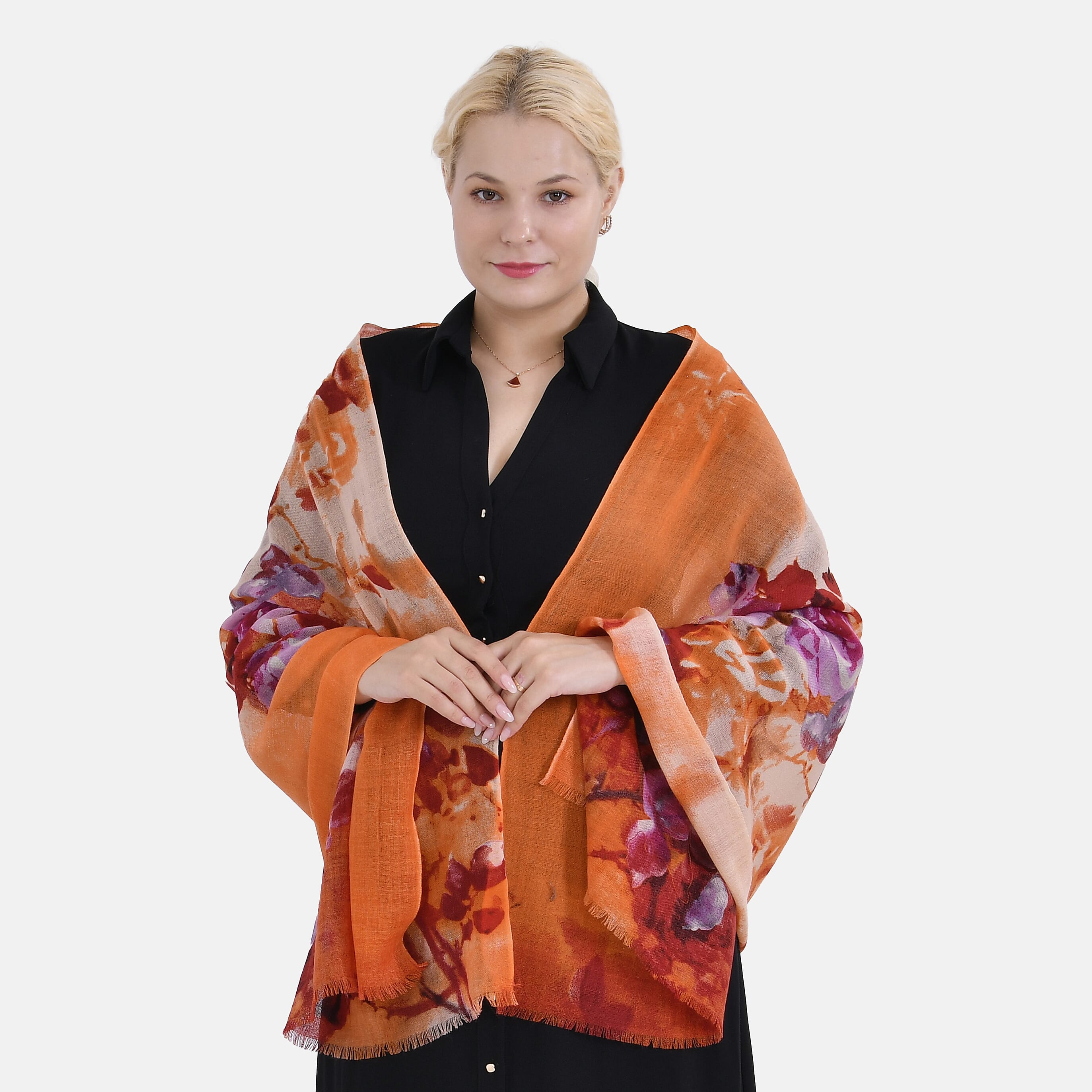 La Marey 100% MERINO Wool Scarf (size 61cm x 190 cm) - Orange With Multi Color.