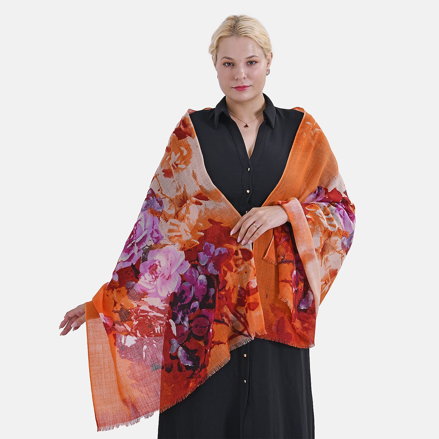 La Marey 100% MERINO Wool Scarf (size 61cm x 190 cm) - Orange With Multi Color.