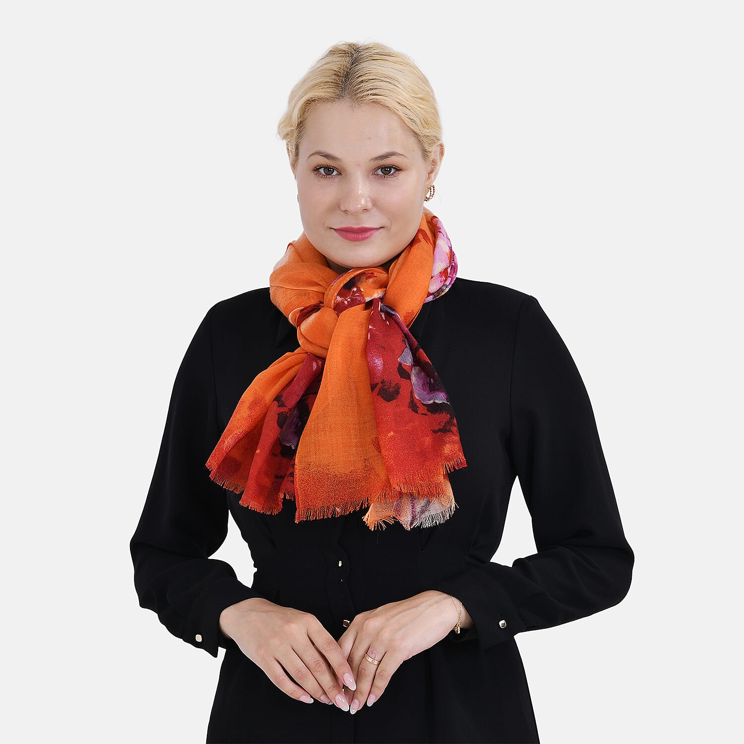 La Marey 100% MERINO Wool Scarf (size 61cm x 190 cm) - Orange With Multi Color.