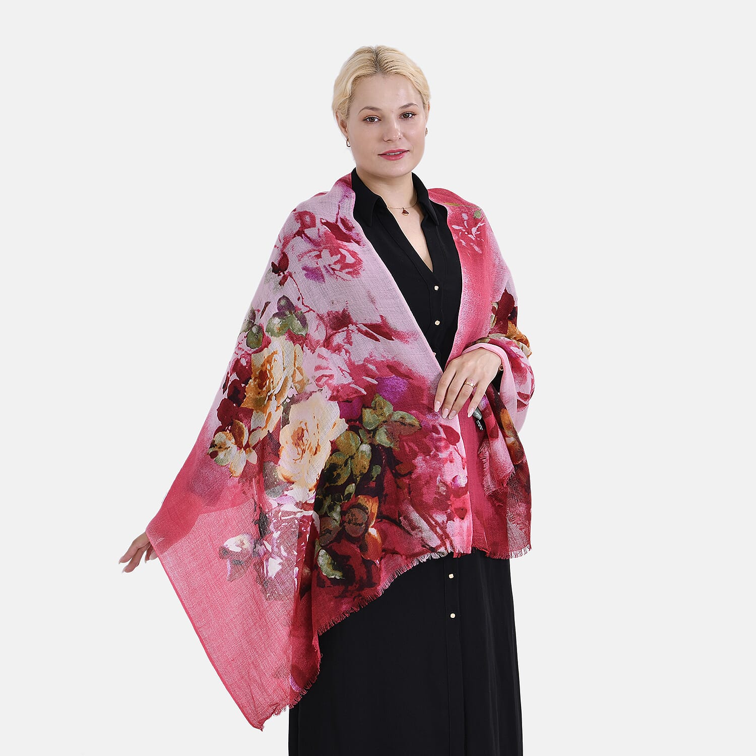 Material 100% Merino Wool size 65 x 180cm Pink BAse With Multi Color Flower.