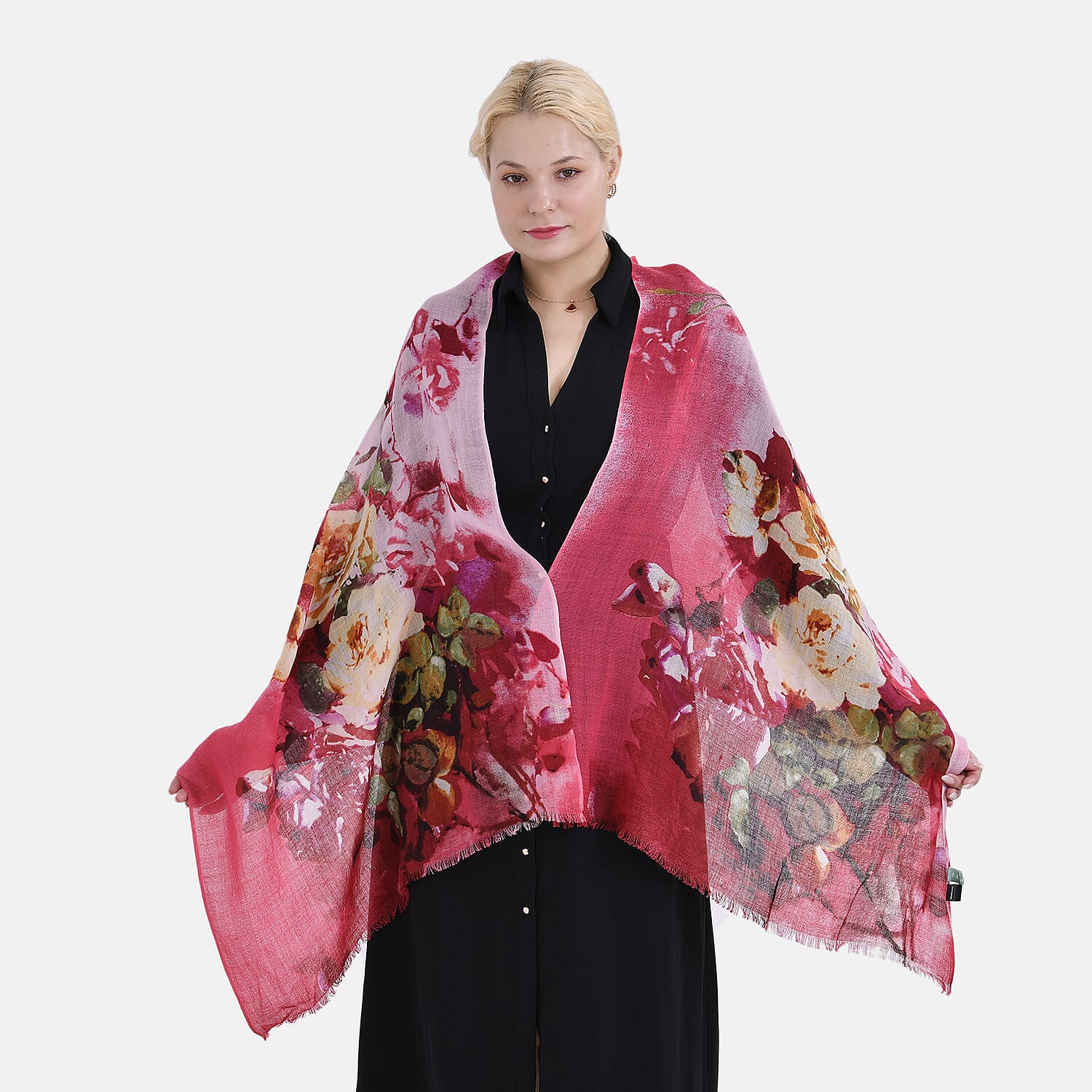 Material 100% Merino Wool size 65 x 180cm Pink BAse With Multi Color Flower.