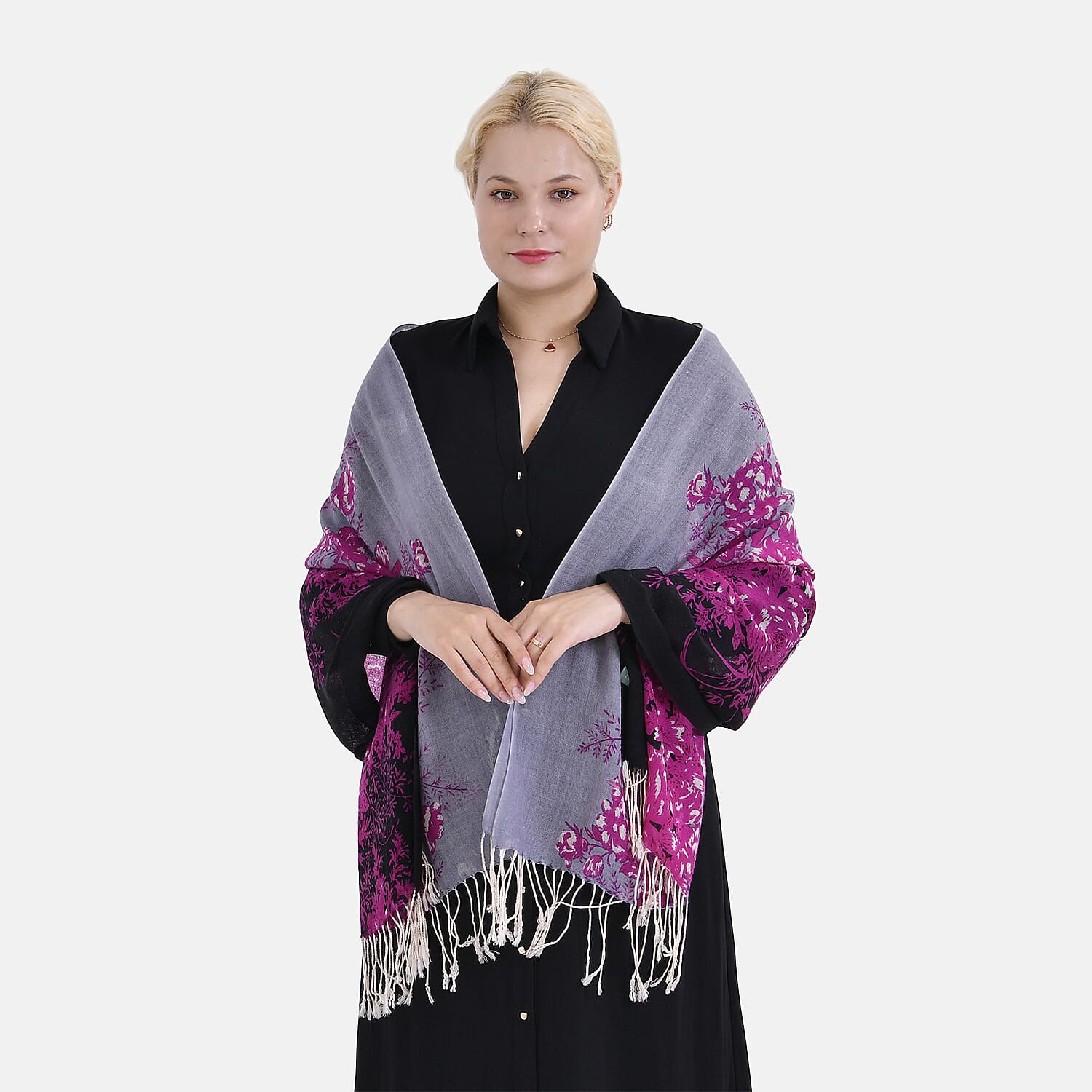 Material 100% Merino Wool size 65 X 180cm Black Base With Purple Flower Print.